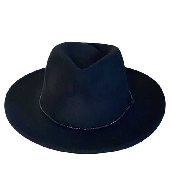 Black Wide Brim Braided Faux Leather Band Fedora Hat NWT main image 10